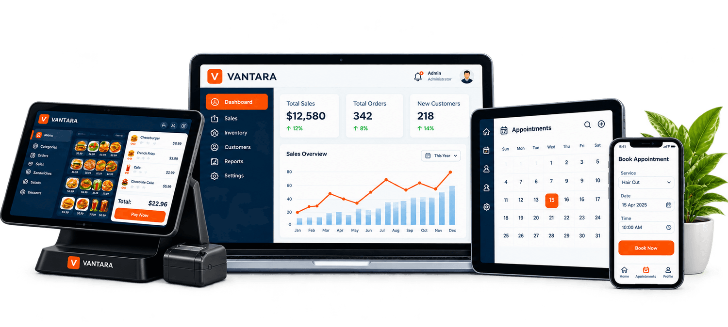 Vantara software running across a POS terminal, laptop dashboard, tablet and phone