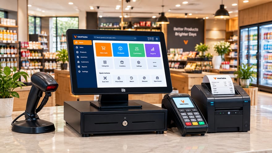 Vantara POS at a supermarket checkout with barcode scanner