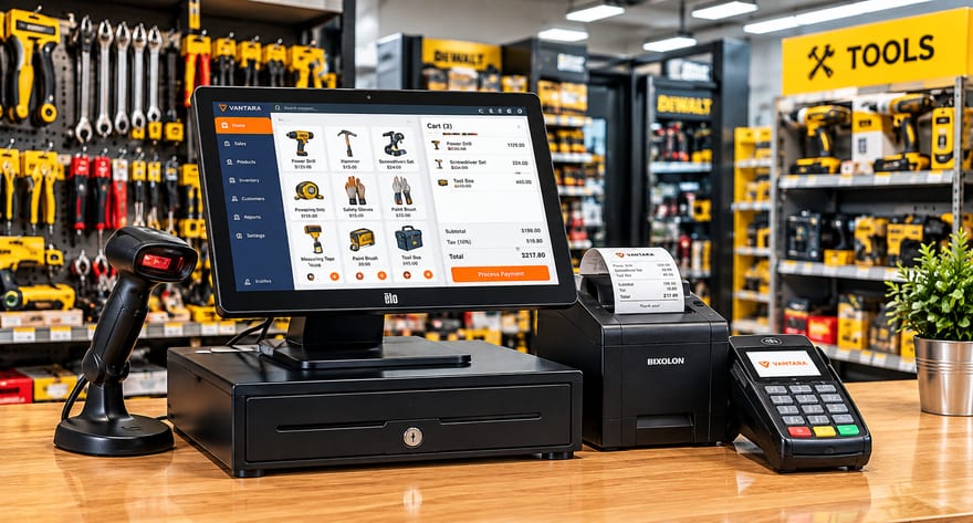 Vantara Rentals at a hardware and tools store counter